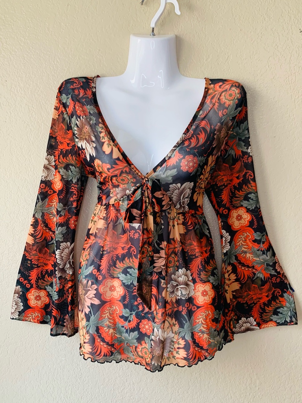 SHEIN Y2K Babydoll Floral Sheer Mesh Bell Sleeve Blouse Size M - Picture 2 of 4